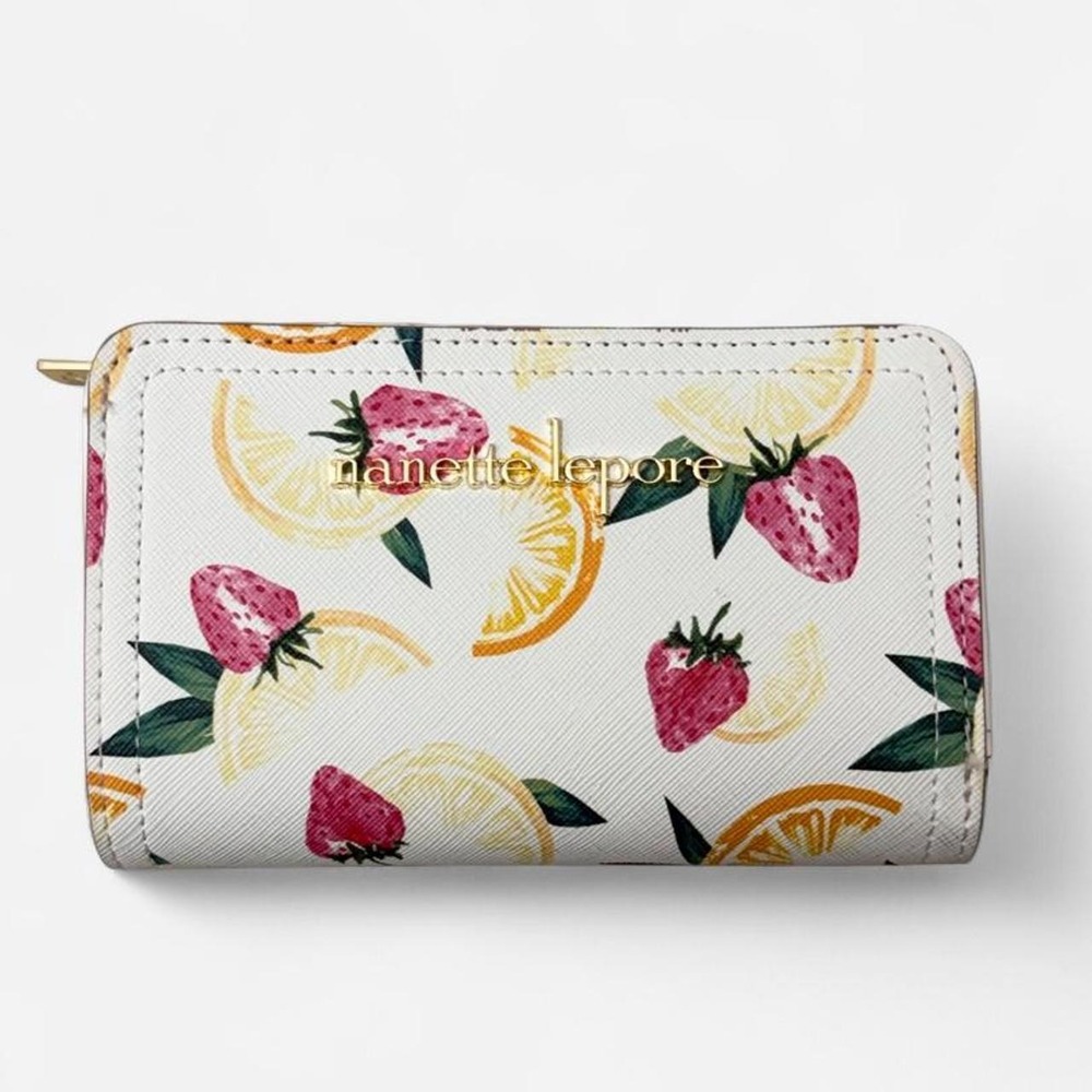 Nanette LePore wallet with pink strawberries range slices yellow lemon slices